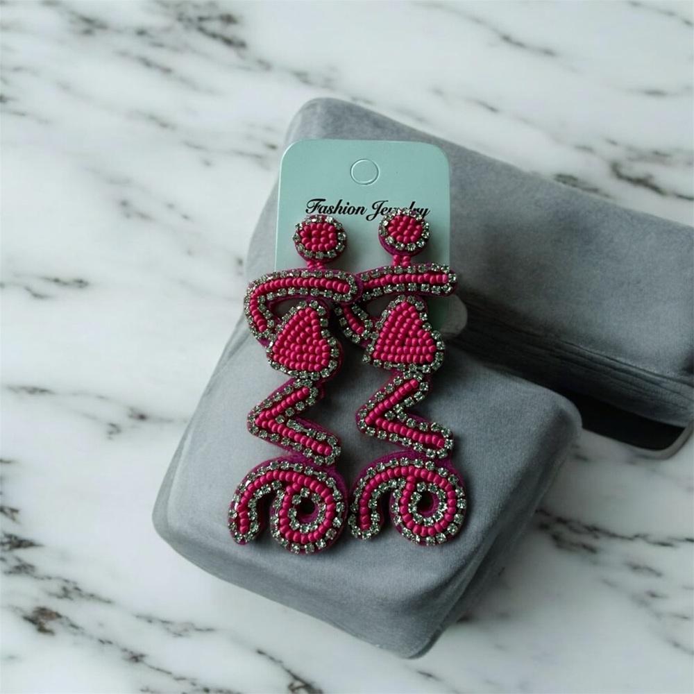 Pink Beaded LOVE Earrings